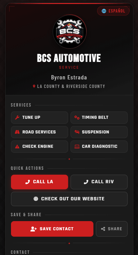 BCS Automotive Service business card