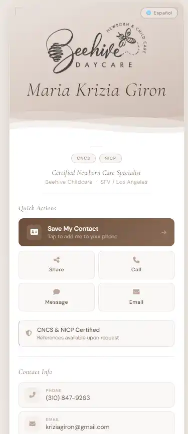 Beehive Childcare business card