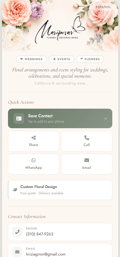 Mariposas Flores floral arrangements and event styling business card