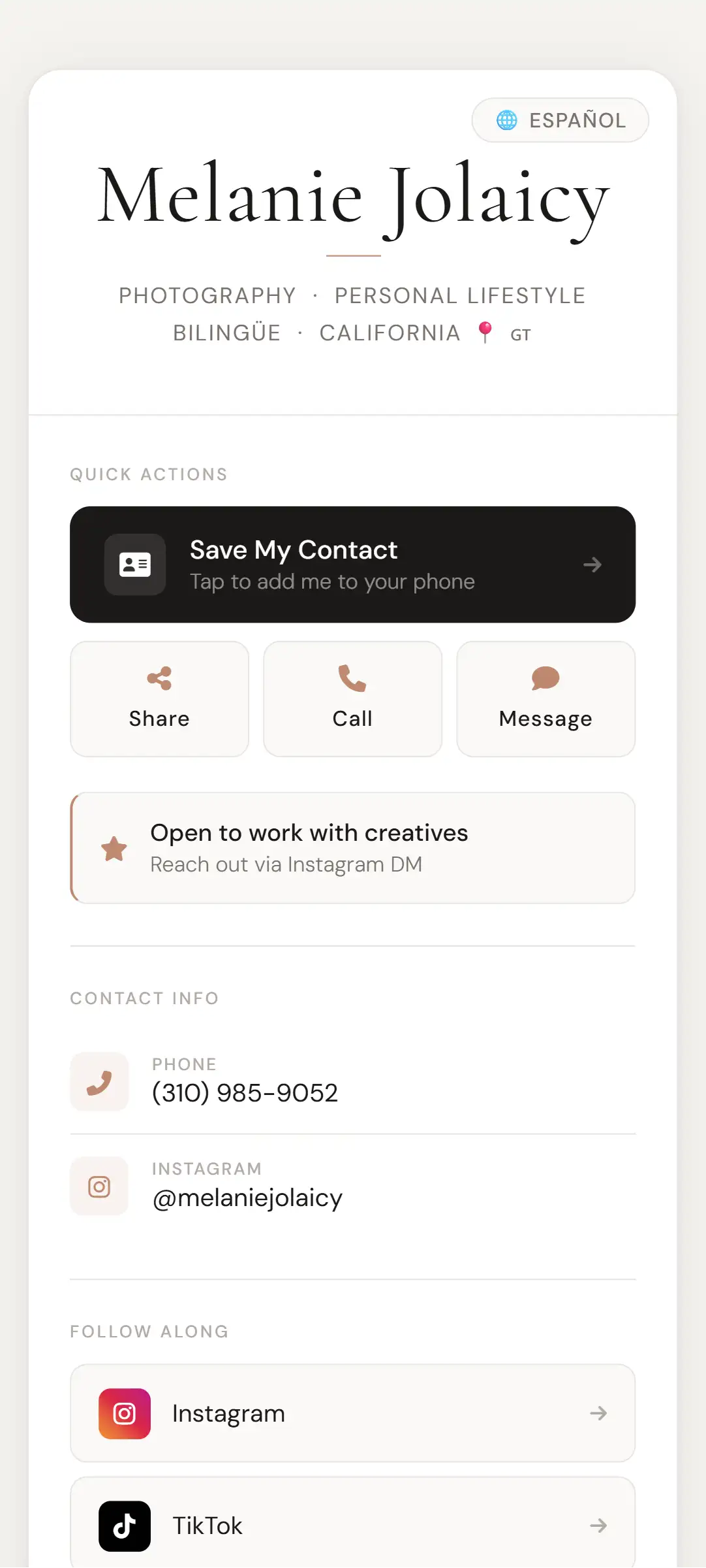 Melanie Jolaicy — personal lifestyle creator card